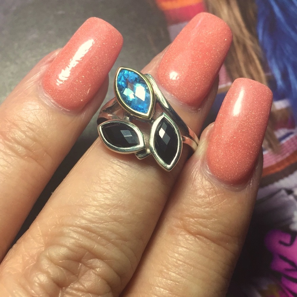 Beautiful Black Onyx & Ocean Blue Topaz Marquis Gems 18K & 925SS